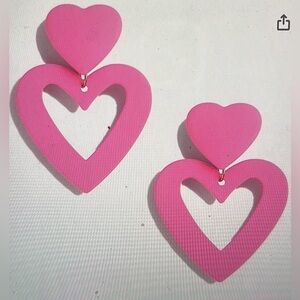 Double Heart Dangling Earrings - Barbie Pink